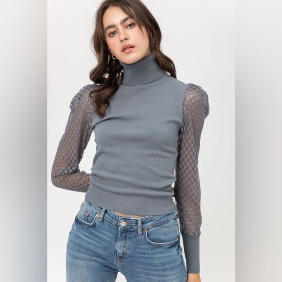 Love Tree Gray Puff Sleeve Turtleneck Sweater Size Large - Picture 1 of 7